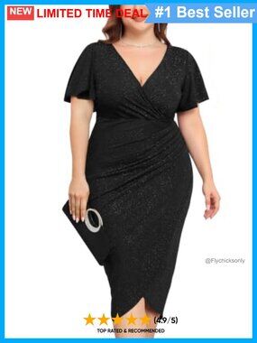 Plus Size Glitter Ruched Bodycon Midi Dress Ruffle Sleeve Cocktail Party